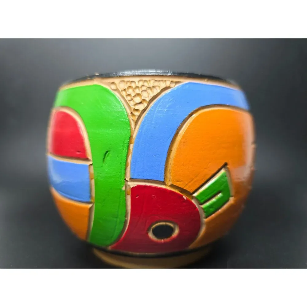 Clay Pottery Bowl Hand Carved Painted Ethnic Geometric Bird Folk Art Vessel
